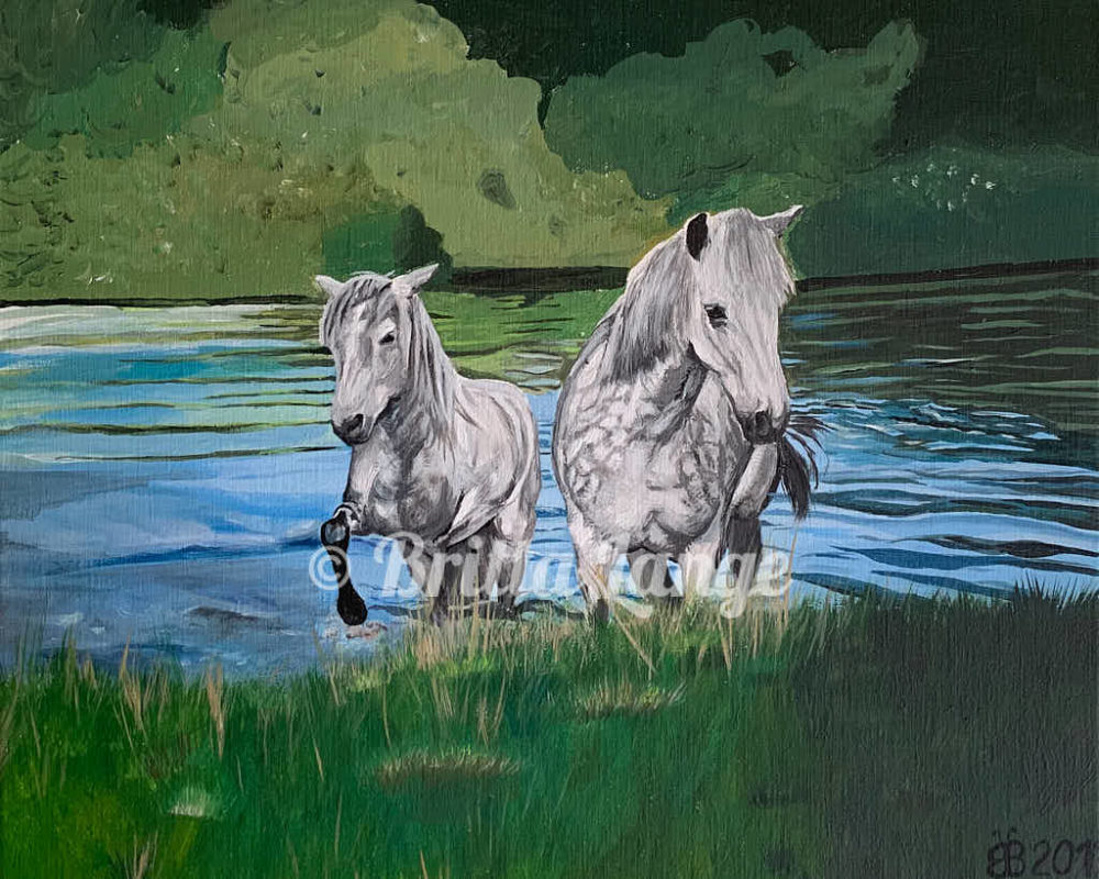 Tierportraits mit Herz und Seele – Acryl auf Leinwand 30x37 cm: Zwei Pferde in der Wümme
